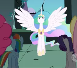 Size: 1111x974 | Tagged: safe, derpibooru import, screencap, princess celestia, rainbow dash, rarity, alicorn, pegasus, unicorn, friendship is magic, butt, faic, front view, great moments in animation, hub logo, i watch it for the plot, image, plot, png, spread wings, wings