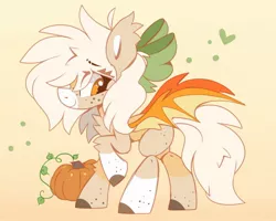 Size: 1200x960 | Tagged: safe, artist:sugaryyflower, derpibooru import, oc, oc:pumpkinharvest, unofficial characters only, bat pony, pony, abstract background, bat pony oc, bat wings, bow, chest fluff, coat markings, ear fluff, female, food, freckles, hair bow, image, jpeg, mane bow, orange, pumpkin spice, raised hoof, smiling, socks (coat marking), solo, standing, wings