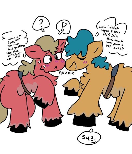 Size: 1080x1264 | Tagged: safe, artist:sc1ssorz, derpibooru import, hitch trailblazer, sprout cloverleaf, earth pony, pony, my little pony: a new generation, dialogue, fluffy, g5, gay, hitchsprout, image, jpeg, male, nuzzling, shipping, unshorn fetlocks