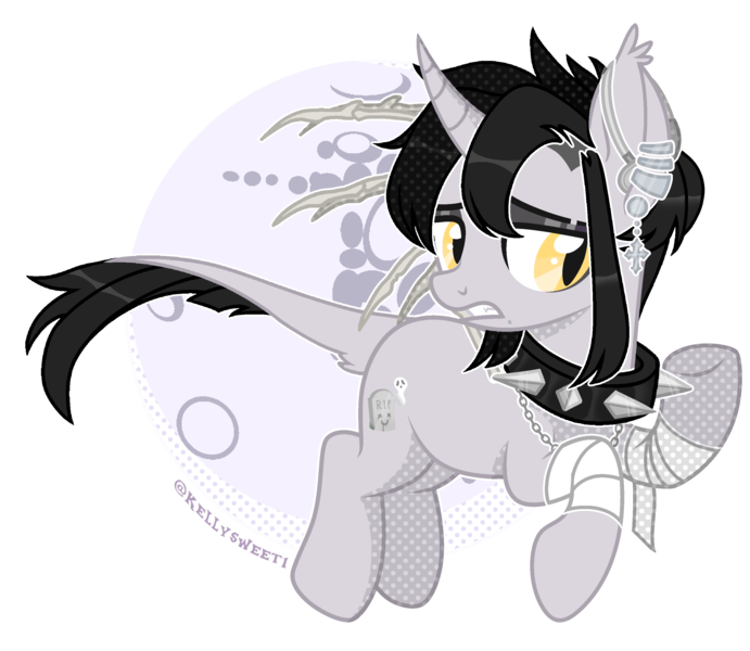 Size: 2847x2472 | Tagged: safe, artist:kellysweet1, derpibooru import, oc, oc:grimm fable, unofficial characters only, alicorn, pony, alicorn oc, bandage, choker, commission, deaf, ear piercing, earring, eyebrow piercing, eyeshadow, female, full moon, hearing aid, horn, image, jewelry, leonine tail, makeup, mare, moon, piercing, png, simple background, solo, spiked choker, tail, transparent background, wings