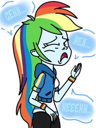 Size: 1024x1366 | Tagged: safe, artist:proponypal, derpibooru import, rainbow dash, equestria girls, clothes, eyes closed, female, image, nostril flare, nostrils, png, pre sneeze, simple background, sneezing, snot, solo, text, transparent background