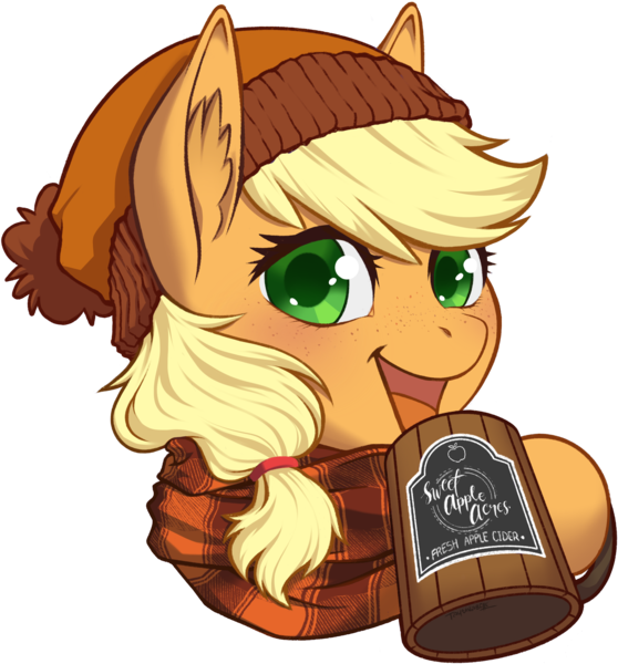 Size: 2168x2331 | Tagged: safe, artist:taytinabelle, derpibooru import, applejack, earth pony, pony, alternate hairstyle, autumn, bust, cider, cider mug, clothes, female, happy, hat, hoof hold, image, looking at you, mare, missing accessory, mug, png, scarf, simple background, smiling, solo, transparent background