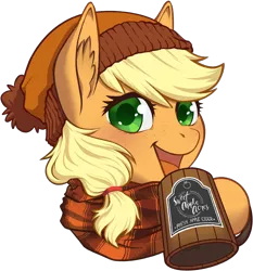 Size: 2168x2331 | Tagged: safe, artist:taytinabelle, derpibooru import, applejack, earth pony, pony, alternate hairstyle, autumn, bust, cider, cider mug, clothes, female, happy, hat, hoof hold, image, looking at you, mare, missing accessory, mug, png, scarf, simple background, smiling, solo, transparent background