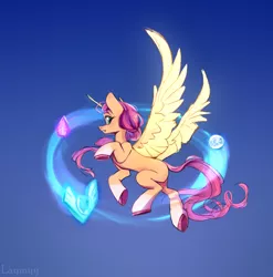 Size: 3952x4008 | Tagged: safe, artist:laymy, artist:laymyylime, derpibooru import, sunny starscout, alicorn, earth pony, pony, my little pony: a new generation, spoiler:my little pony: a new generation, artificial wings, augmented, earth pony crystal, flying, g5, image, magic, magic horn, magic wings, pegasus crystal, png, solo, spread wings, sunnycorn, underhoof, unicorn crystal, wings