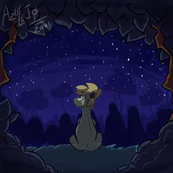 Size: 823x824 | Tagged: safe, artist:azulejo, derpibooru import, oc, oc:bastian, earth pony, pony, earth pony oc, forest, forest background, image, looking at the sky, male, night, png, request, stallion, stars, tree