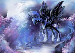 Size: 2903x2065 | Tagged: safe, artist:dana-himitsu, derpibooru import, nightmare moon, alicorn, pony, blue eyes, blue mane, blue tail, colored pupils, feather, female, flowing mane, flowing tail, helmet, high res, hoof shoes, horn, image, jpeg, lake, looking down, mare, moon, moonlight, open mouth, snow, solo, spread wings, tail, wings