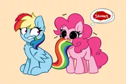 Size: 4451x2995 | Tagged: safe, artist:kittyrosie, derpibooru import, pinkie pie, rainbow dash, earth pony, pegasus, pony, candy, cross-popping veins, cute, diapinkes, eating, food, image, nom, png, skittles, taste the rainbow, thinking, this will end in pain