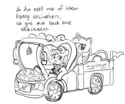 Size: 1702x1419 | Tagged: safe, artist:spectralunicorn, derpibooru import, applejack, earth pony, pony, applejack truck, black and white, cardboard twilight, clothes, dialogue, driving, female, grayscale, image, mare, monochrome, overalls, png, simple background, solo, white background