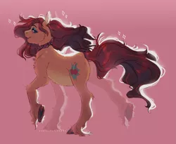 Size: 2433x1999 | Tagged: safe, artist:sannateacupss, derpibooru import, oc, oc:cherry bomb, unofficial characters only, earth pony, pony, ascot, butt, chest fluff, eyeshadow, female, fluffy, image, leg fluff, lidded eyes, looking at you, looking back, looking back at you, makeup, mare, offspring, pale belly, parent:flim, parent:torque wrench, pink background, plot, png, raised hoof, simple background, solo, underhoof, unshorn fetlocks, wind, windswept mane