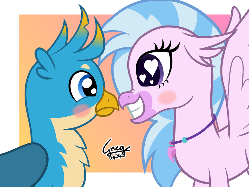 Size: 4096x3072 | Tagged: safe, artist:gregoryco123, derpibooru import, gallus, silverstream, classical hippogriff, gryphon, hippogriff, blushing, female, gallstream, grin, heart eyes, high res, image, male, png, shipping, smiling, straight, wingding eyes