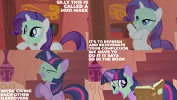 Size: 1280x720 | Tagged: safe, derpibooru import, edit, edited screencap, editor:quoterific, screencap, rarity, twilight sparkle, pony, unicorn, look before you sleep, season 1, book, cute, eyes closed, female, golden oaks library, image, library, magic, mare, mud mask, open mouth, open smile, png, smiling, telekinesis, twiabetes, unicorn twilight