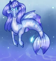 Size: 690x757 | Tagged: safe, artist:jahpan, derpibooru import, oc, unofficial characters only, merpony, seahorse, seapony (g4), blue eyes, blue mane, bubble, crepuscular rays, dorsal fin, female, fins, fish tail, flowing tail, glow, image, looking at you, ocean, png, solo, sunlight, swimming, tail, underwater, water