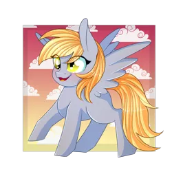 Size: 2000x2000 | Tagged: safe, artist:herusann, derpibooru import, derpy hooves, pegasus, pony, blushing, cloud, eye clipping through hair, female, flying, high res, image, mare, open mouth, open smile, png, simple background, smiling, solo, spread wings, tail, transparent background, wings, yellow eyes