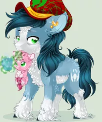 Size: 2365x2834 | Tagged: safe, artist:schokocream, derpibooru import, oc, oc:mad munchkin, unofficial characters only, earth pony, pony, unicorn, duo, ear piercing, earring, earth pony oc, glow, glowing horn, hat, holding a pony, horn, image, jewelry, magic, male, mouth hold, piercing, png, simple background, stallion, telekinesis, unicorn oc, unshorn fetlocks