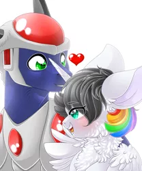 Size: 2834x3401 | Tagged: safe, artist:schokocream, derpibooru import, oc, oc:lightning bliss, unofficial characters only, alicorn, earth pony, pony, alicorn oc, armor, blushing, chest fluff, duo, earth pony oc, female, heart, helmet, horn, image, male, mare, oc x oc, png, shipping, simple background, smiling, stallion, white background, wings