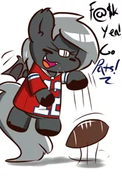 Size: 768x1102 | Tagged: safe, artist:tranzmuteproductions, derpibooru import, oc, oc:tranzmute, unofficial characters only, bat pony, pony, bandaid, bat pony oc, bat wings, cheering, clothes, eyes closed, football, image, male, png, simple background, smiling, solo, sports, stallion, talking, white background, wings