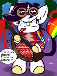 Size: 768x1024 | Tagged: safe, artist:tranzmuteproductions, derpibooru import, oc, oc:lightning bliss, unofficial characters only, alicorn, pony, abstract background, alicorn oc, bipedal, christmas wreath, eyelashes, female, goggles, gun, horn, image, mare, png, shotgun, solo, talking, weapon, wings, wreath