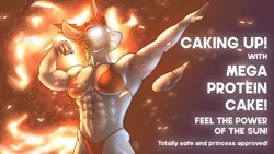 Size: 3840x2160 | Tagged: safe, artist:cocaine, derpibooru import, daybreaker, alicorn, anthro, abs, advertisement, bikini, bodybuilder, cake, clothes, female, flexing, food, image, muscles, muscular female, png, swimsuit, text