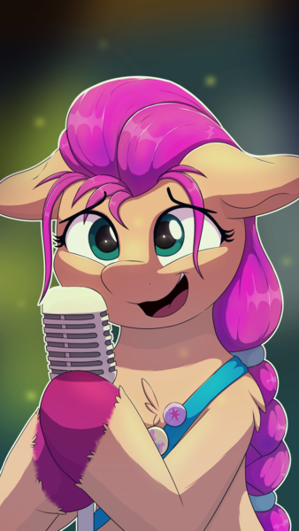 Size: 2160x3840 | Tagged: safe, artist:ljdamz1119, derpibooru import, sunny starscout, earth pony, pony, my little pony: a new generation, 4k, badge, bipedal, female, g5, high res, image, mare, microphone, png, solo