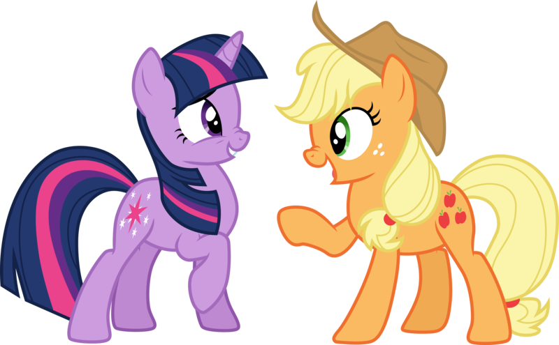 Size: 4849x3000 | Tagged: safe, artist:cloudyglow, derpibooru import, applejack, twilight sparkle, earth pony, pony, unicorn, the crystal empire, .ai available, applejack's hat, cowboy hat, duo, duo female, female, freckles, green eyes, hat, high res, horn, image, looking at each other, mare, multicolored mane, multicolored tail, nose wrinkle, open mouth, open smile, png, purple eyes, raised hoof, simple background, smiling, standing, tail, transparent background, unicorn twilight, vector