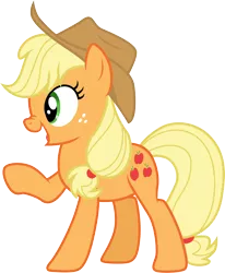Size: 3000x3641 | Tagged: safe, artist:cloudyglow, derpibooru import, applejack, earth pony, pony, the crystal empire, .ai available, applejack's hat, cowboy hat, female, freckles, full body, green eyes, hat, high res, image, mare, nose wrinkle, open mouth, open smile, png, raised hoof, simple background, smiling, solo, standing, tail, transparent background, vector