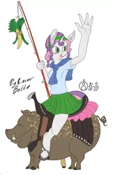 Size: 776x1200 | Tagged: safe, artist:sepiakeys, derpibooru import, sweetie belle, anthro, pig, unguligrade anthro, unicorn, carrot, carrot on a stick, clothes, food, four fingers, image, png, saddle, shirt, simple background, skirt, solo, tack, white background