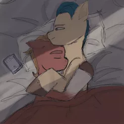 Size: 1280x1280 | Tagged: safe, artist:yo_shkinkot, derpibooru import, hitch trailblazer, sprout cloverleaf, earth pony, pony, my little pony: a new generation, bed, blanket, g5, gay, hitchsprout, hug, image, jpeg, male, phone, pillow, shipping, sleeping, snuggling