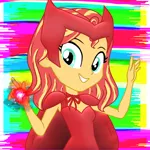 Size: 1050x1050 | Tagged: safe, artist:nehvix, derpibooru import, sunset shimmer, equestria girls, abstract background, clothes, cosplay, costume, image, looking at you, magic, png, raised hand, scarlet witch, solo