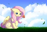 Size: 1000x700 | Tagged: safe, artist:dddreamdraw, derpibooru import, fluttershy, butterfly, insect, pegasus, pony, blushing, cloud, cute, female, grass, image, leaves, mare, open mouth, png, raised hoof, shyabetes, sitting, solo
