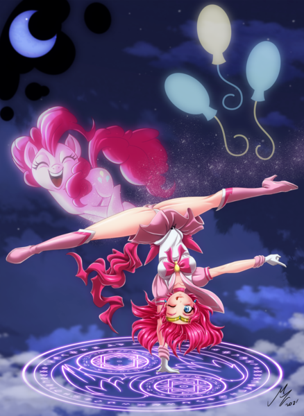 Size: 1976x2705 | Tagged: suggestive, alternate version, artist:mauroz, derpibooru import, part of a set, pinkie pie, earth pony, human, pony, anime, breasts, clothes, cosplay, costume, gloves, humanized, image, one eye closed, panties, png, sailor moon, tongue out, underwear, white underwear