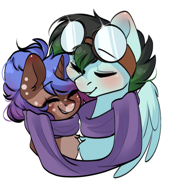 Size: 1000x1100 | Tagged: safe, artist:cottonsweets, derpibooru import, oc, oc:gryph xander, oc:midnight winds, unofficial characters only, pegasus, unicorn, cheek squish, clothes, couple, cuddling, cute, goggles, image, middergryph, png, scarf, shipping, squishy cheeks