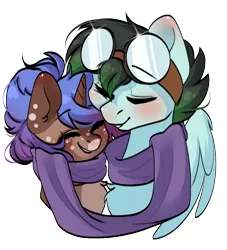 Size: 1000x1100 | Tagged: safe, artist:cottonsweets, derpibooru import, oc, oc:gryph xander, oc:midnight winds, unofficial characters only, pegasus, unicorn, cheek squish, clothes, couple, cuddling, cute, goggles, image, middergryph, png, scarf, shipping, squishy cheeks