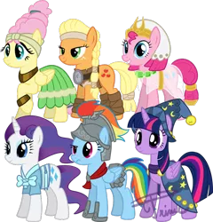 Size: 800x834 | Tagged: safe, artist:crowneprince, derpibooru import, applejack, flash magnus, fluttershy, meadowbrook, mistmane, pinkie pie, rainbow dash, rarity, rockhoof, somnambula, star swirl the bearded, twilight sparkle, alicorn, earth pony, pegasus, pony, unicorn, armor, clothes, cosplay, costume, female, image, mane six, mare, pillars of equestria, png, simple background, transparent background