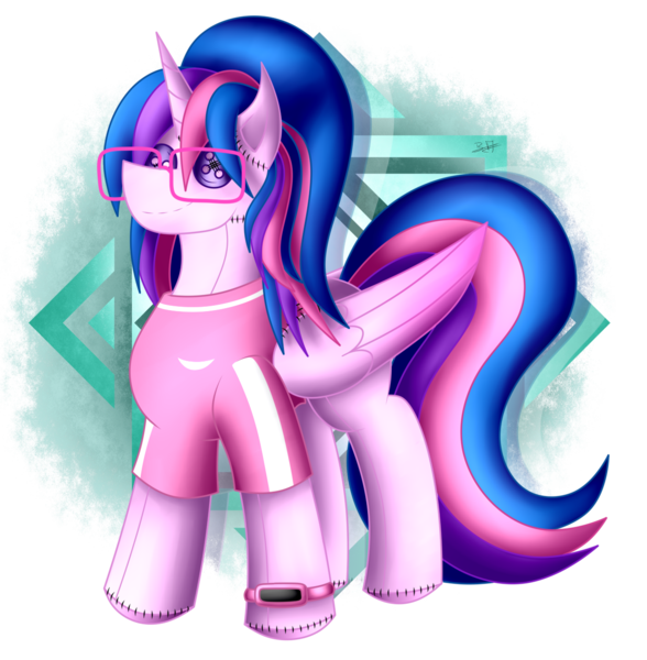 Size: 1274x1300 | Tagged: safe, artist:thebenalpha, derpibooru import, oc, oc:amity, unofficial characters only, alicorn, pony, alicorn oc, clothes, female, glasses, horn, image, partial background, plushie, png, simple background, solo, transparent background, wings