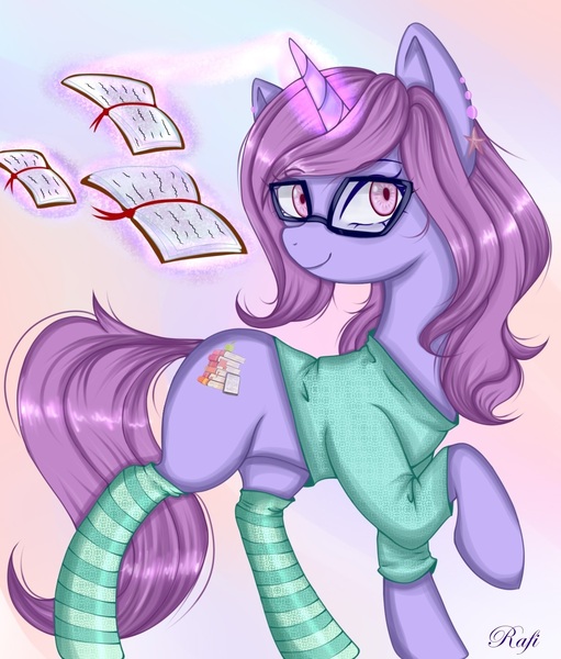 Size: 1200x1409 | Tagged: safe, artist:rafiiis, derpibooru import, oc, unofficial characters only, pony, unicorn, book, clothes, female, glasses, glow, glowing horn, horn, image, jpeg, magic, raised hoof, socks, solo, striped socks, telekinesis