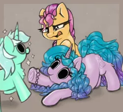 Size: 1916x1744 | Tagged: safe, artist:llametsul, derpibooru import, izzy moonbow, lyra heartstrings, sunny starscout, earth pony, pony, unicorn, confused, curious, cutie mark, dilated pupils, floating, fluffy, g5, image, mlp fim's eleventh anniversary, png, sparkles