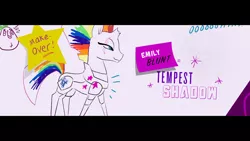 Size: 1920x1080 | Tagged: safe, derpibooru import, official, screencap, lix spittle, tempest shadow, parrot pirates, my little pony: the movie, claus studios, concept art, credits, emily blunt, image, jpeg, multicolored hair, pirate, rainbow hair, stars, wip