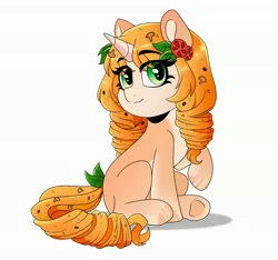 Size: 3200x3000 | Tagged: safe, artist:dusk_feather, artist:rand-dums, derpibooru import, oc, oc:italiana, ponified, unofficial characters only, food pony, original species, pony, unicorn, female, food, horn, image, italian food, jpeg, mushroom, simple background, sitting, solo, tomato, unicorn oc, white background