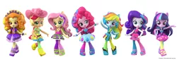 Size: 3233x1100 | Tagged: safe, artist:andrew hickinbottom, artist:andyh_3d, official, adagio dazzle, applejack, fluttershy, pinkie pie, rainbow dash, rarity, twilight sparkle, equestria girls, rainbow rocks, 3d, 3d model, 3d render, doll, equestria girls minis, image, jpeg, mane six, rainbow rocks outfit, simple background, toy, white background