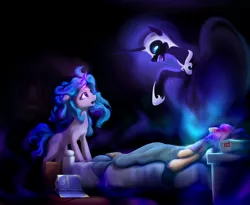 Size: 4378x3588 | Tagged: safe, artist:rnghat, derpibooru import, izzy moonbow, nightmare moon, sunny starscout, alicorn, earth pony, pony, unicorn, my little pony: a new generation, bed, book, clock, female, g4, g4 to g5, g5, glow, glowing horn, horn, image, magic, mare, nightmare night, png, sleeping