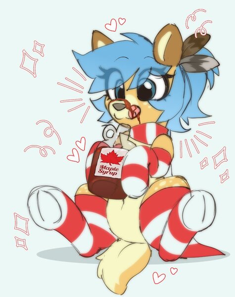 Size: 779x985 | Tagged: safe, artist:chimemaplewood, derpibooru import, oc, oc:chime, deer, deer pony, original species, blue hair, clothes, deer oc, feather, image, jpeg, maple syrup, socks, striped socks