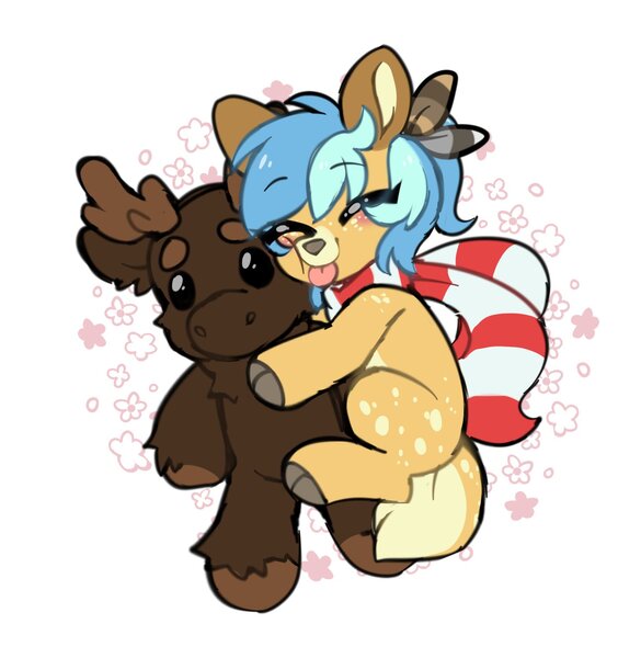 Size: 1482x1521 | Tagged: safe, artist:chimemaplewood, derpibooru import, oc, oc:chime, deer, deer pony, original species, blue hair, clothes, deer oc, feather, image, jpeg, plushie, scarf, striped scarf