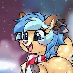 Size: 575x575 | Tagged: safe, artist:chimemaplewood, derpibooru import, oc, oc:chime, deer, deer pony, original species, blue hair, clothes, deer oc, feather, greeting, image, jpeg, raised hoof, scarf, snow, snowfall, striped scarf, winter