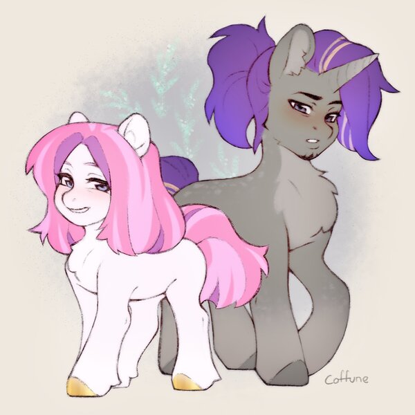 Size: 2150x2150 | Tagged: safe, artist:coffune, derpibooru import, oc, oc:ronya, earth pony, pony, unicorn, duo, female, image, jpeg, male