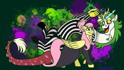 Size: 2560x1440 | Tagged: safe, artist:bellbell123, derpibooru import, discord, fluttershy, draconequus, pegasus, pony, beetlejuice, clothes, crossover, duo, fangs, female, image, lydia deetz, male, png, signature