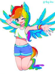 Size: 967x1290 | Tagged: safe, artist:tinybenz, derpibooru import, rainbow dash, human, clothes, cute, dashabetes, denim shorts, eared humanization, female, humanized, image, jpeg, one eye closed, open mouth, short shirt, shorts, simple background, solo, tail, tailed humanization, white background, winged humanization, wings, wink, wristband