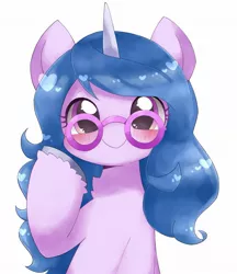 Size: 1741x2019 | Tagged: safe, artist:ginmaruxx, derpibooru import, izzy moonbow, pony, unicorn, blushing, chest fluff, cute, female, g5, glasses, heart, image, izzybetes, jpeg, looking at you, mare, simple background, smiling, solo, white background