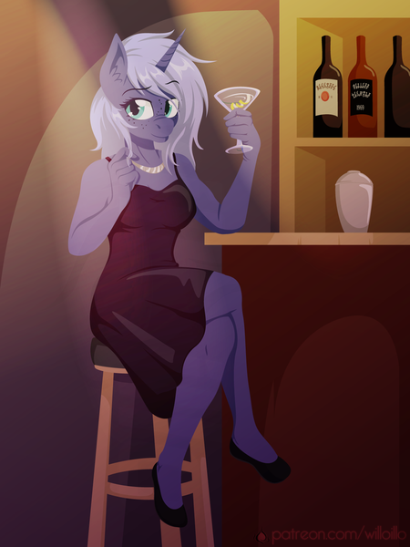 Size: 1200x1600 | Tagged: safe, artist:willoillo, derpibooru import, oc, oc:midnight starfall, unofficial characters only, anthro, pony, unicorn, alcohol, bar, cocktail dress, commission, image, jewelry, martini, necklace, png, solo