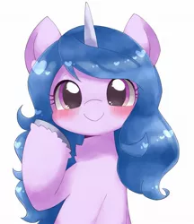 Size: 1741x2019 | Tagged: safe, alternate version, artist:ginmaruxx, derpibooru import, izzy moonbow, pony, unicorn, blushing, chest fluff, cute, female, g5, heart, image, izzybetes, jpeg, looking at you, mare, simple background, smiling, solo, white background
