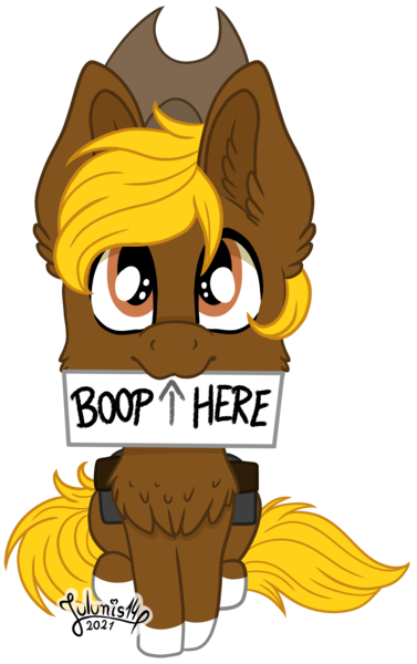 Size: 2180x3468 | Tagged: safe, artist:julunis14, oc, oc:acres, unofficial characters only, earth pony, pony, arrow, blonde, blonde mane, blonde tail, brown coat, chest fluff, coat markings, cowboy hat, ear fluff, ears, earth pony oc, hat, image, looking at you, male, mouth hold, png, sign, simple background, sitting, socks (coat marking), solo, stallion, text, transparent background